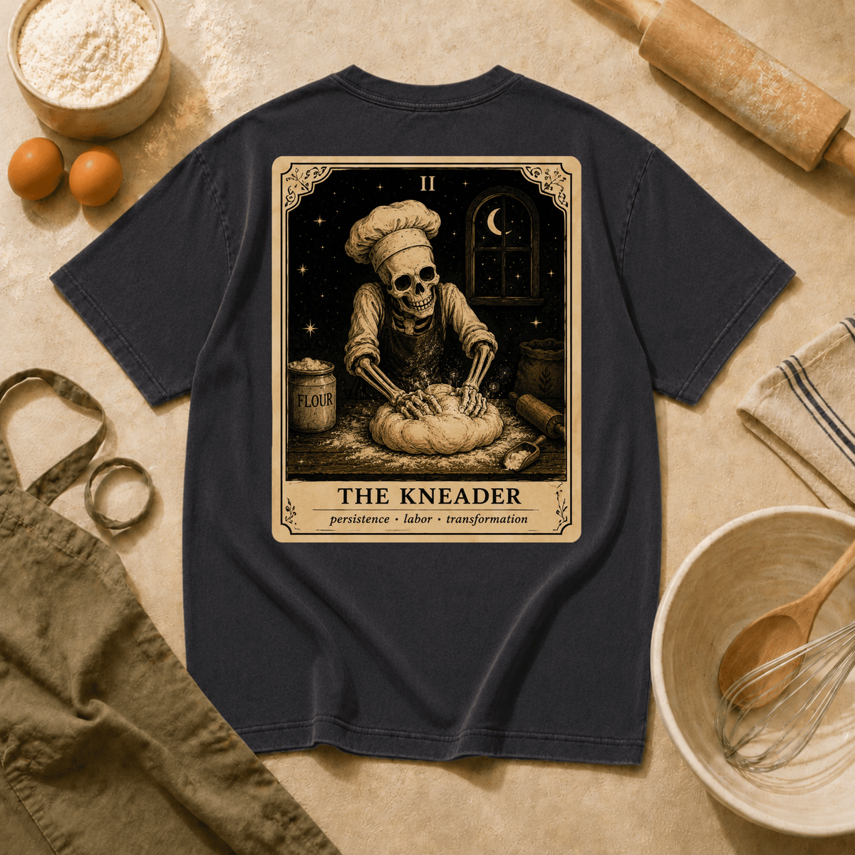 Vintage Tarot Tee — "The Kneader" Skeleton Chef Graphic Crewneck