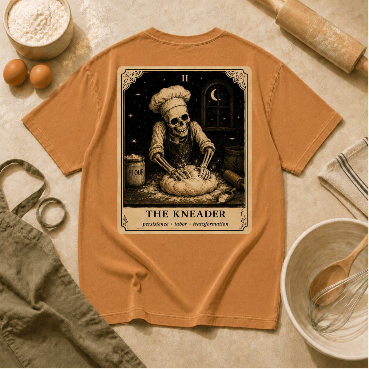 Vintage Tarot Tee — "The Kneader" Skeleton Chef Graphic Crewneck