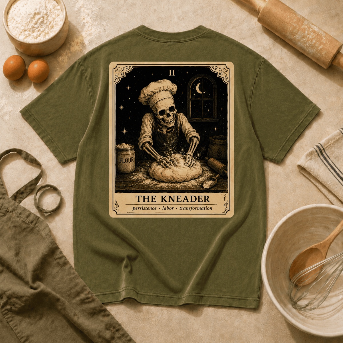 Vintage Tarot Tee — "The Kneader" Skeleton Chef Graphic Crewneck