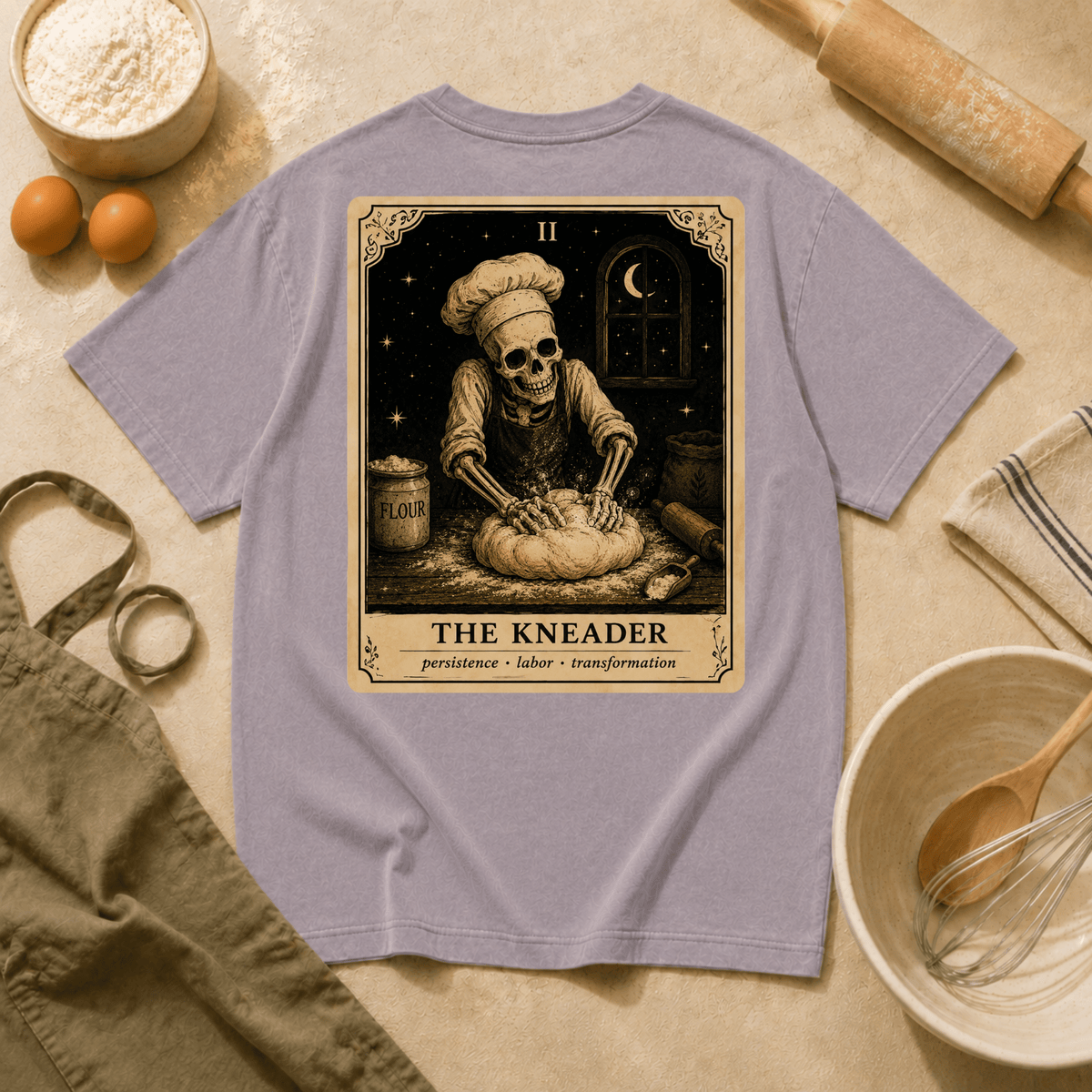 Vintage Tarot Tee — "The Kneader" Skeleton Chef Graphic Crewneck