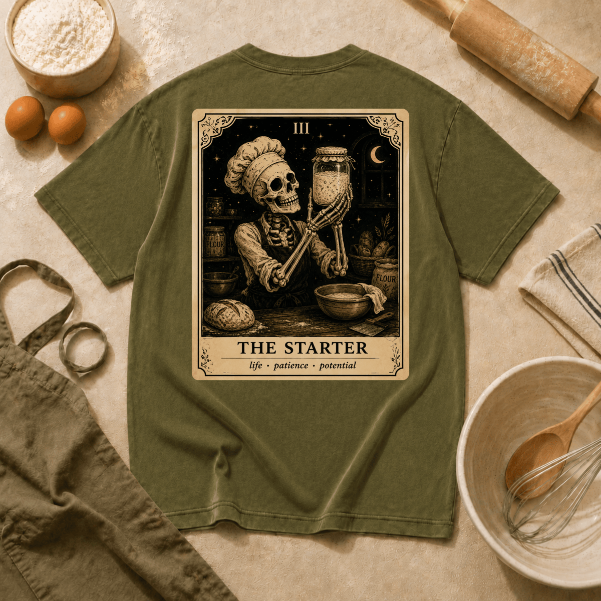 Vintage Tarot Tee — "The Starter" Skeleton Chef Graphic Crewneck