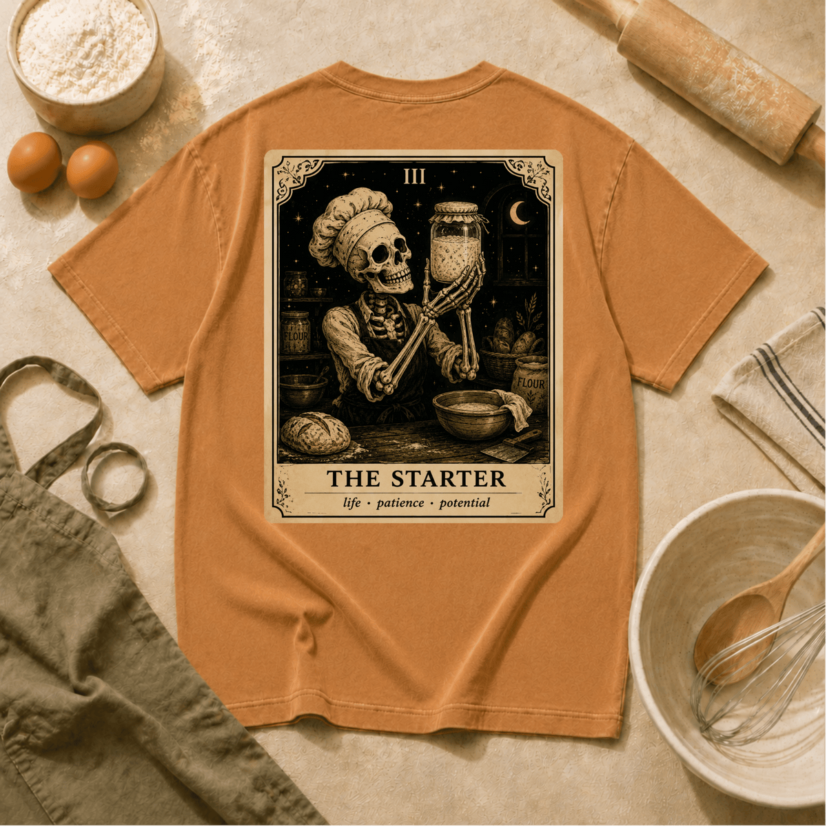 Vintage Tarot Tee — "The Starter" Skeleton Chef Graphic Crewneck