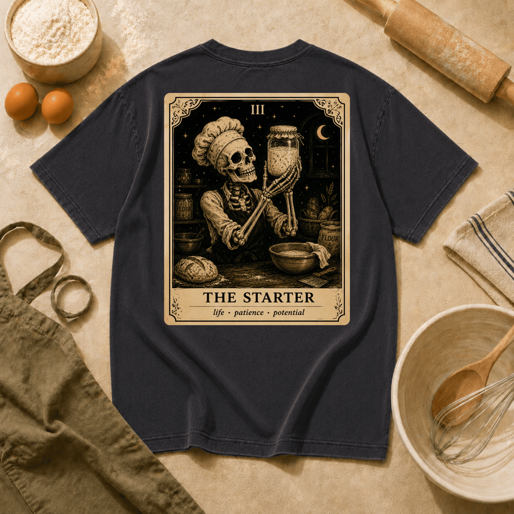 Vintage Tarot Tee — "The Starter" Skeleton Chef Graphic Crewneck