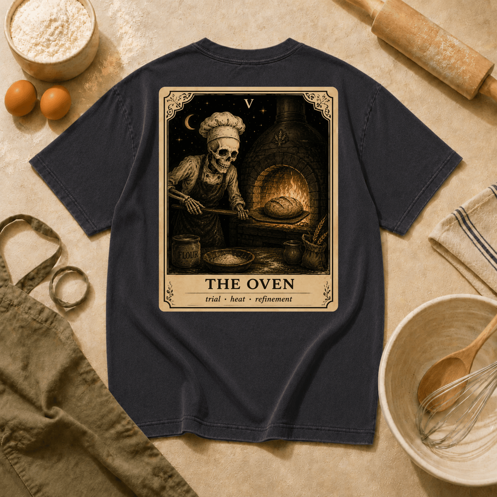 Vintage Tarot Tee — "The Oven" Skeleton Chef Graphic Crewneck