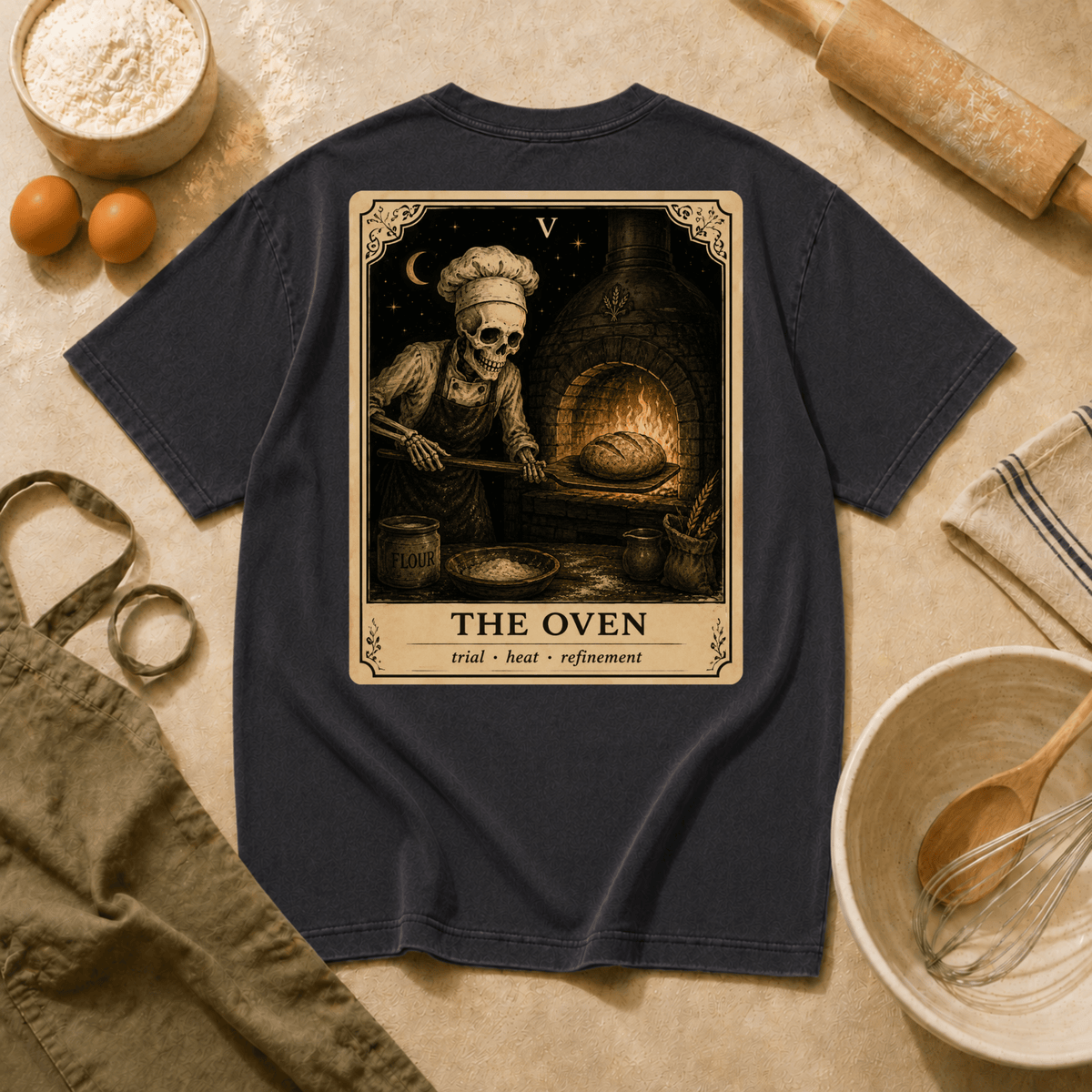 Vintage Tarot Tee — "The Oven" Skeleton Chef Graphic Crewneck