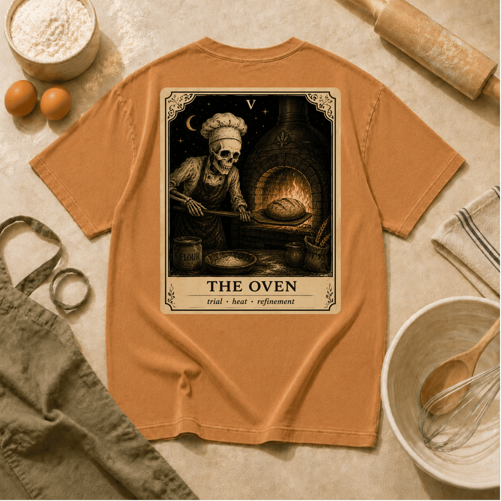 Vintage Tarot Tee — "The Oven" Skeleton Chef Graphic Crewneck
