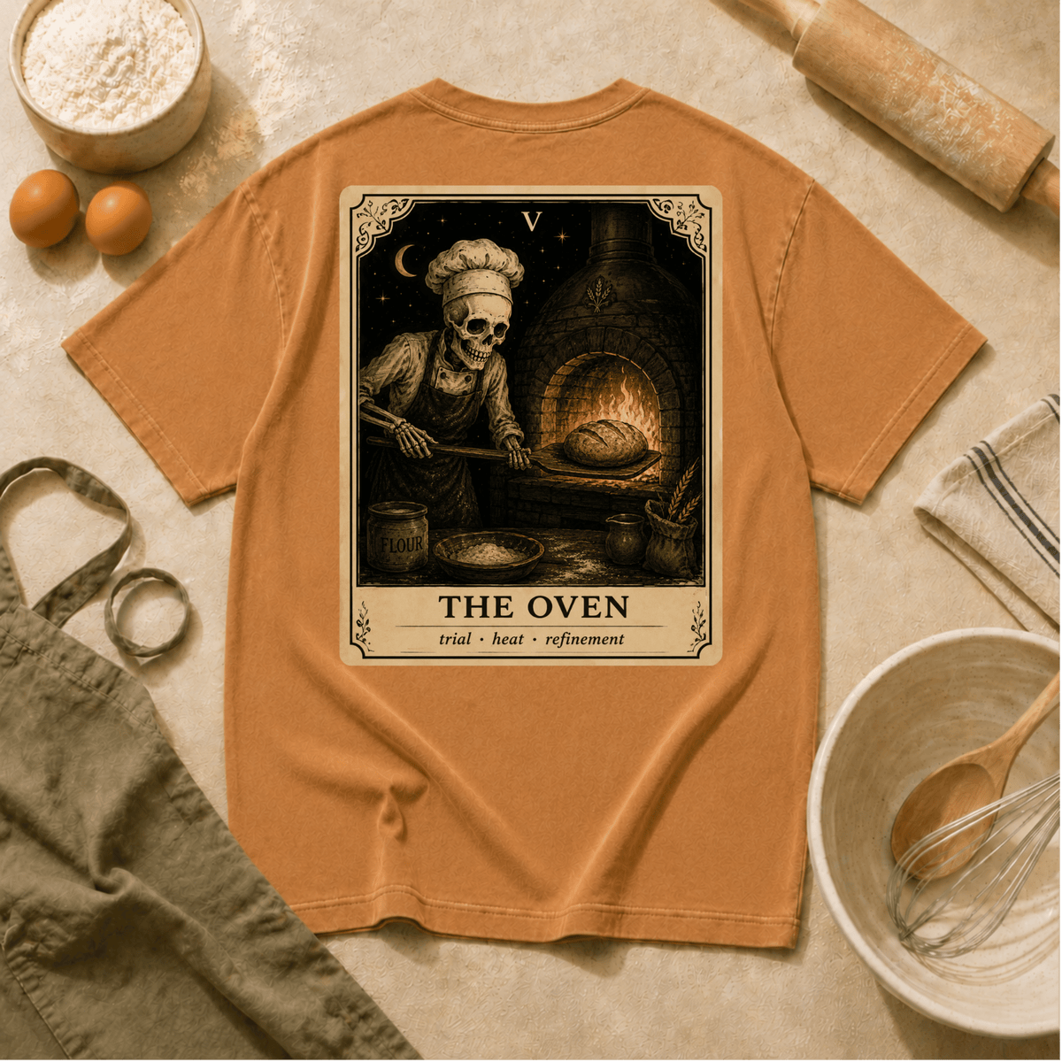 Vintage Tarot Tee — "The Oven" Skeleton Chef Graphic Crewneck