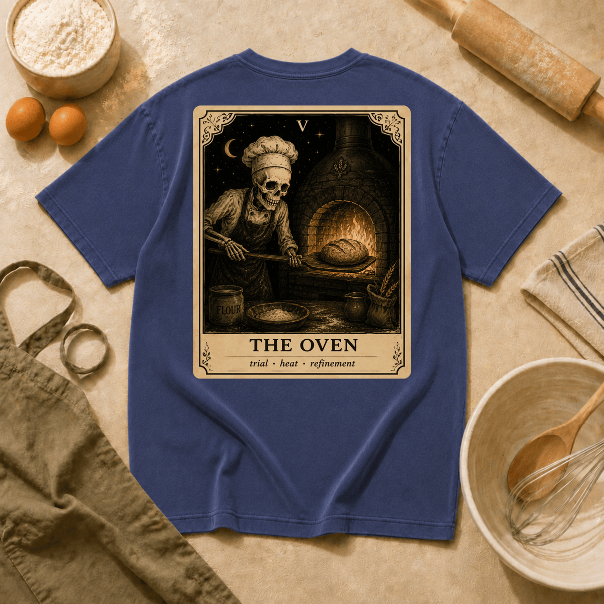 Vintage Tarot Tee — "The Oven" Skeleton Chef Graphic Crewneck