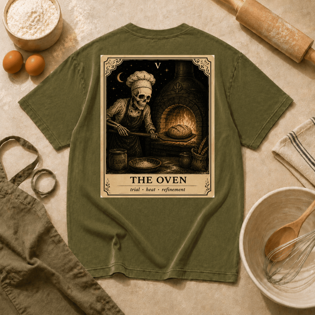 Vintage Tarot Tee — "The Oven" Skeleton Chef Graphic Crewneck