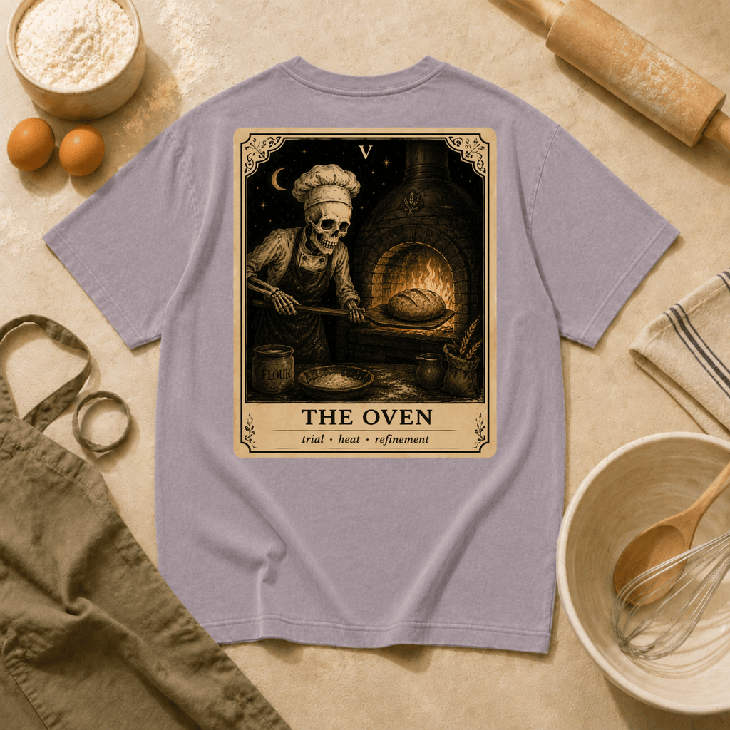 Vintage Tarot Tee — "The Oven" Skeleton Chef Graphic Crewneck