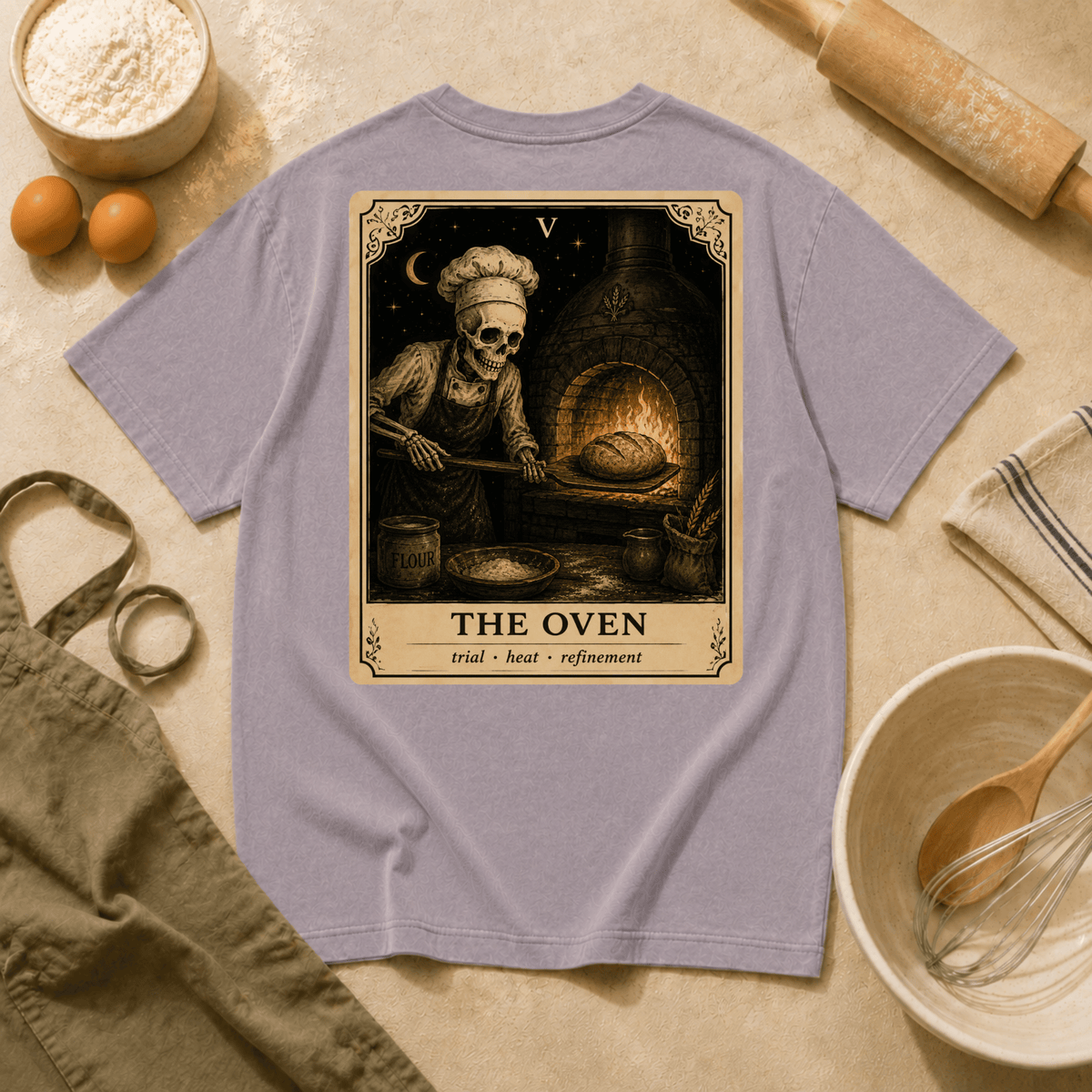 Vintage Tarot Tee — "The Oven" Skeleton Chef Graphic Crewneck