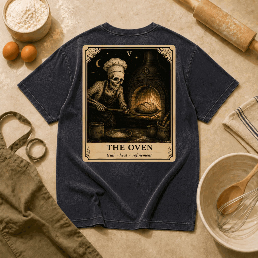 Vintage Tarot Tee — "The Oven" Skeleton Chef Graphic Crewneck