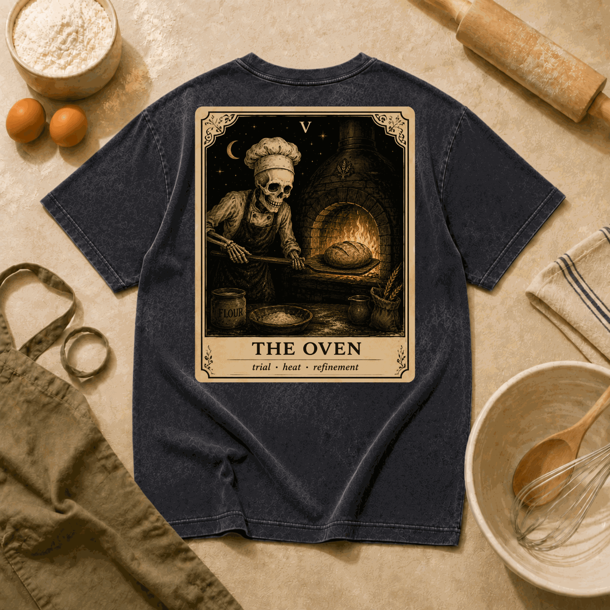 Vintage Tarot Tee — "The Oven" Skeleton Chef Graphic Crewneck