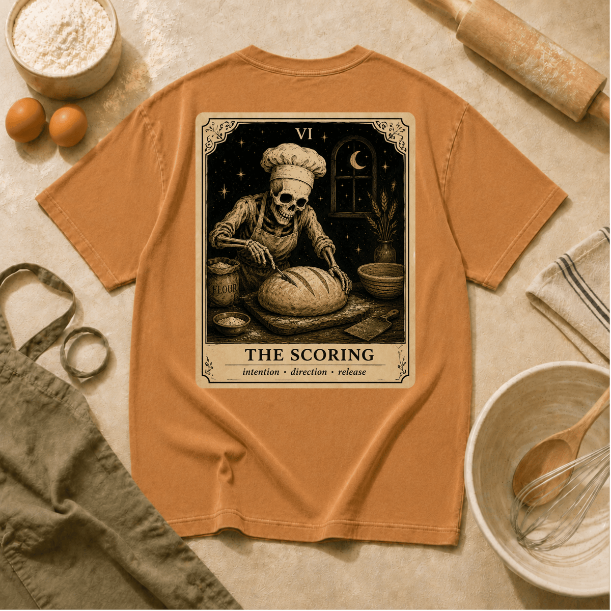 Vintage Tarot Tee — "The Scoring" Skeleton Chef Graphic Crewneck