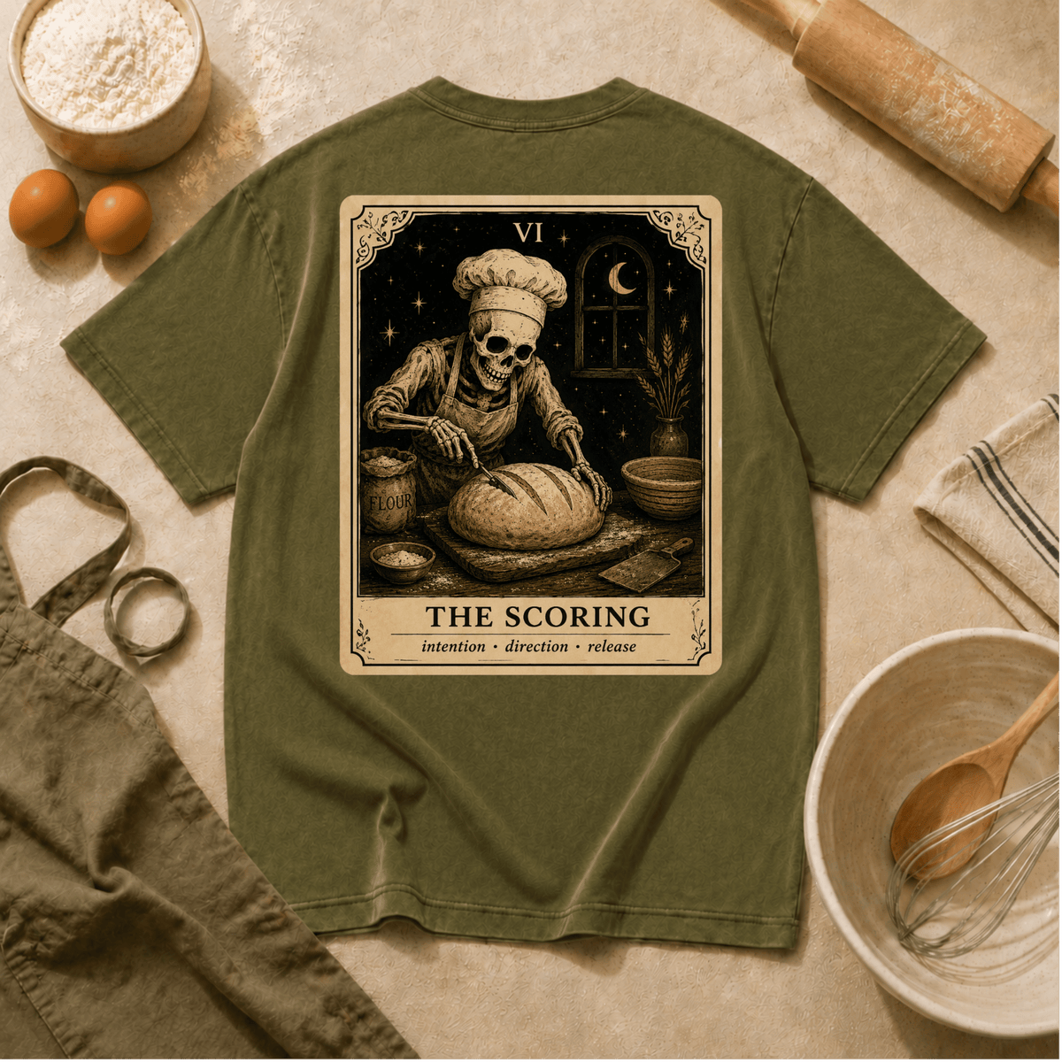 Vintage Tarot Tee — "The Scoring" Skeleton Chef Graphic Crewneck
