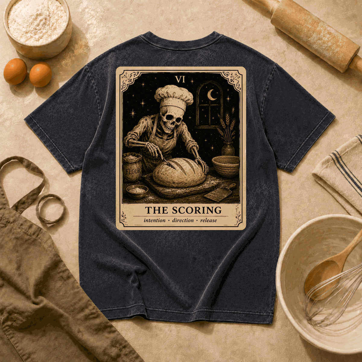 Vintage Tarot Tee — "The Scoring" Skeleton Chef Graphic Crewneck