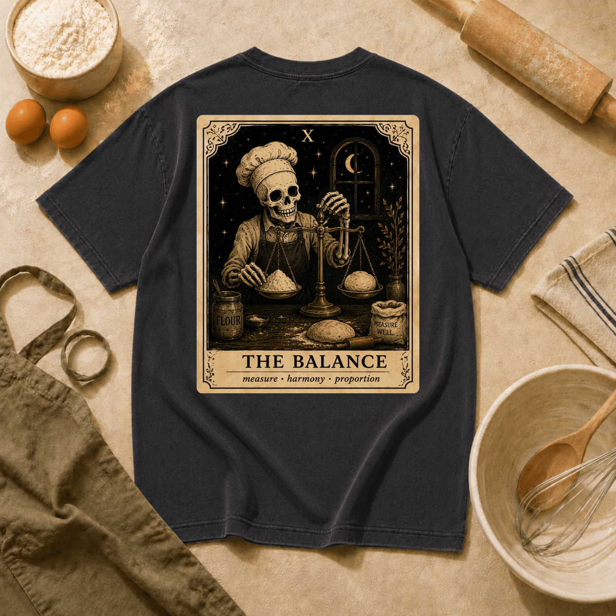 Vintage Tarot Tee — "The Balance" Skeleton Chef Graphic Crewneck