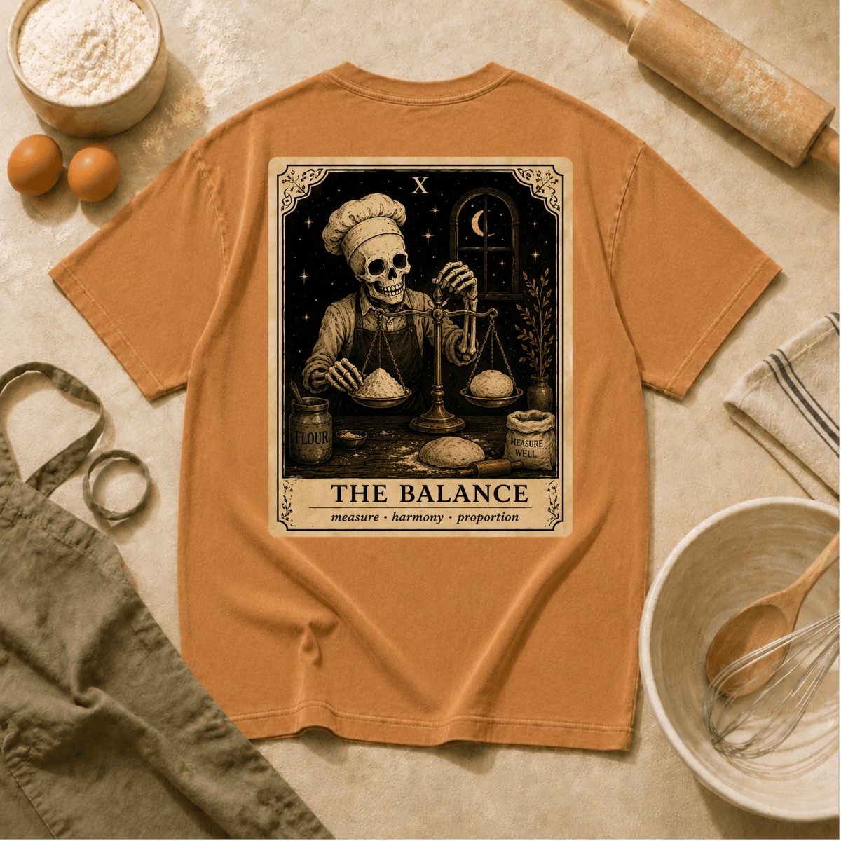 Vintage Tarot Tee — "The Balance" Skeleton Chef Graphic Crewneck