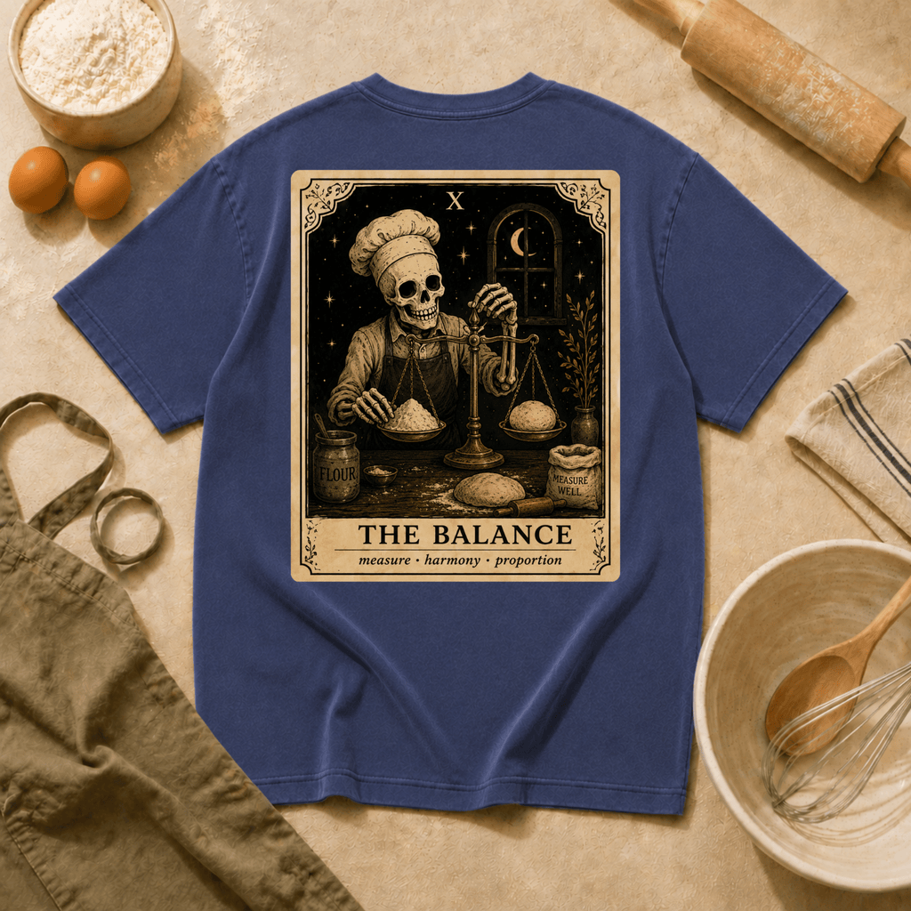 Vintage Tarot Tee — "The Balance" Skeleton Chef Graphic Crewneck