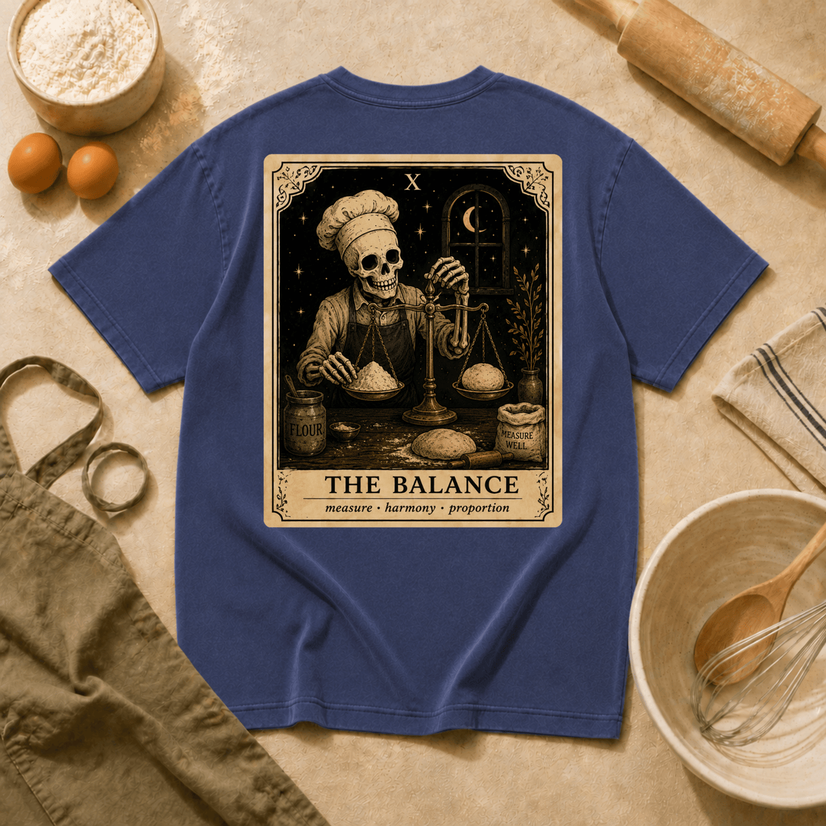 Vintage Tarot Tee — "The Balance" Skeleton Chef Graphic Crewneck