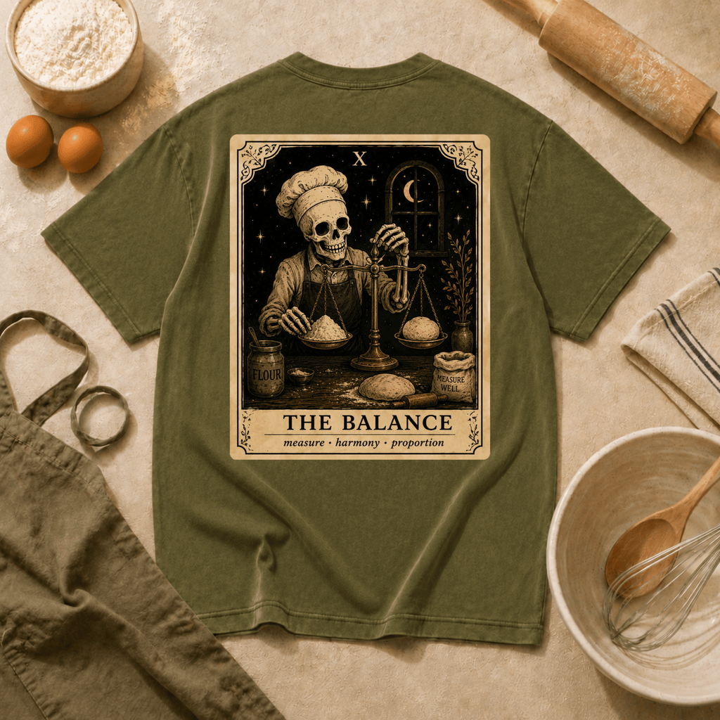 Vintage Tarot Tee — "The Balance" Skeleton Chef Graphic Crewneck