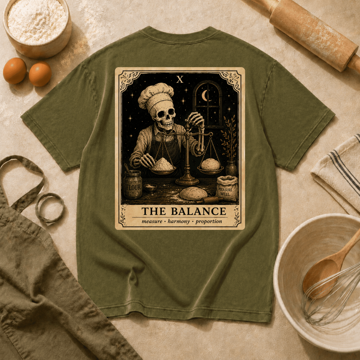 Vintage Tarot Tee — "The Balance" Skeleton Chef Graphic Crewneck