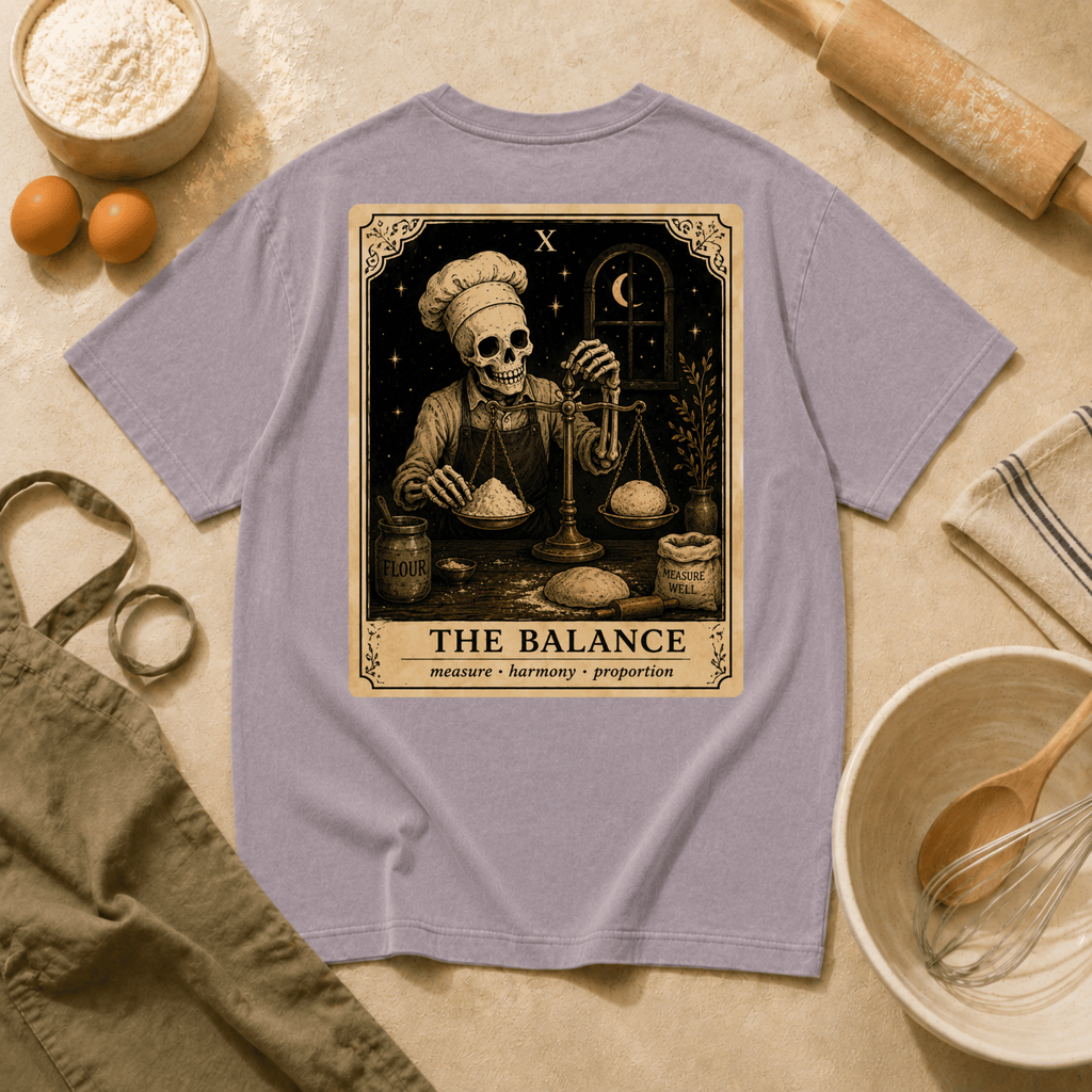 Vintage Tarot Tee — "The Balance" Skeleton Chef Graphic Crewneck