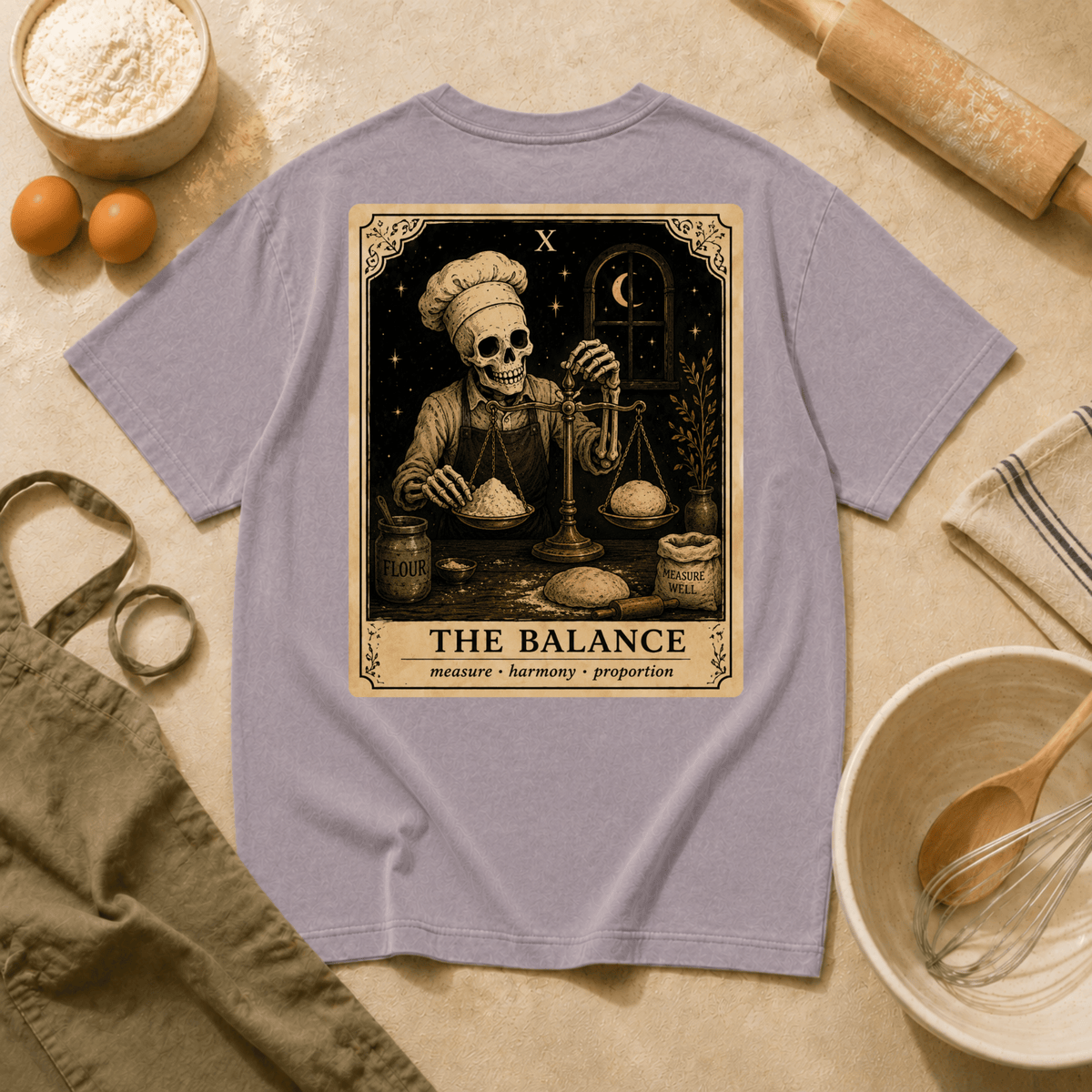 Vintage Tarot Tee — "The Balance" Skeleton Chef Graphic Crewneck