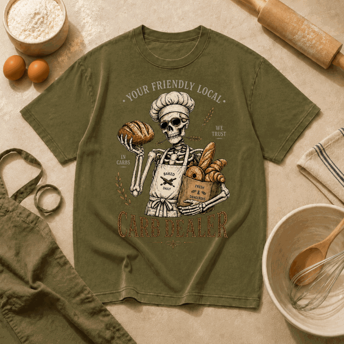 Vintage Baker's Tee — "Carb Dealer" Skeleton Chef Graphic Crewneck