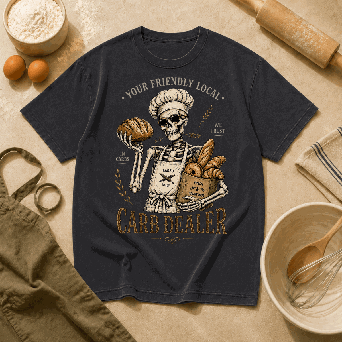 Vintage Baker's Tee — "Carb Dealer" Skeleton Chef Graphic Crewneck
