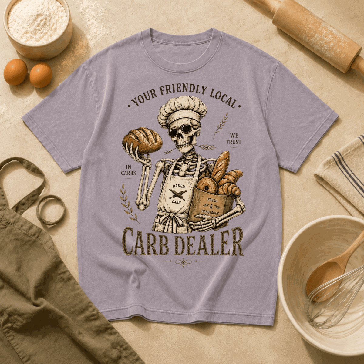 Vintage Baker's Tee — "Carb Dealer" Skeleton Chef Graphic Crewneck