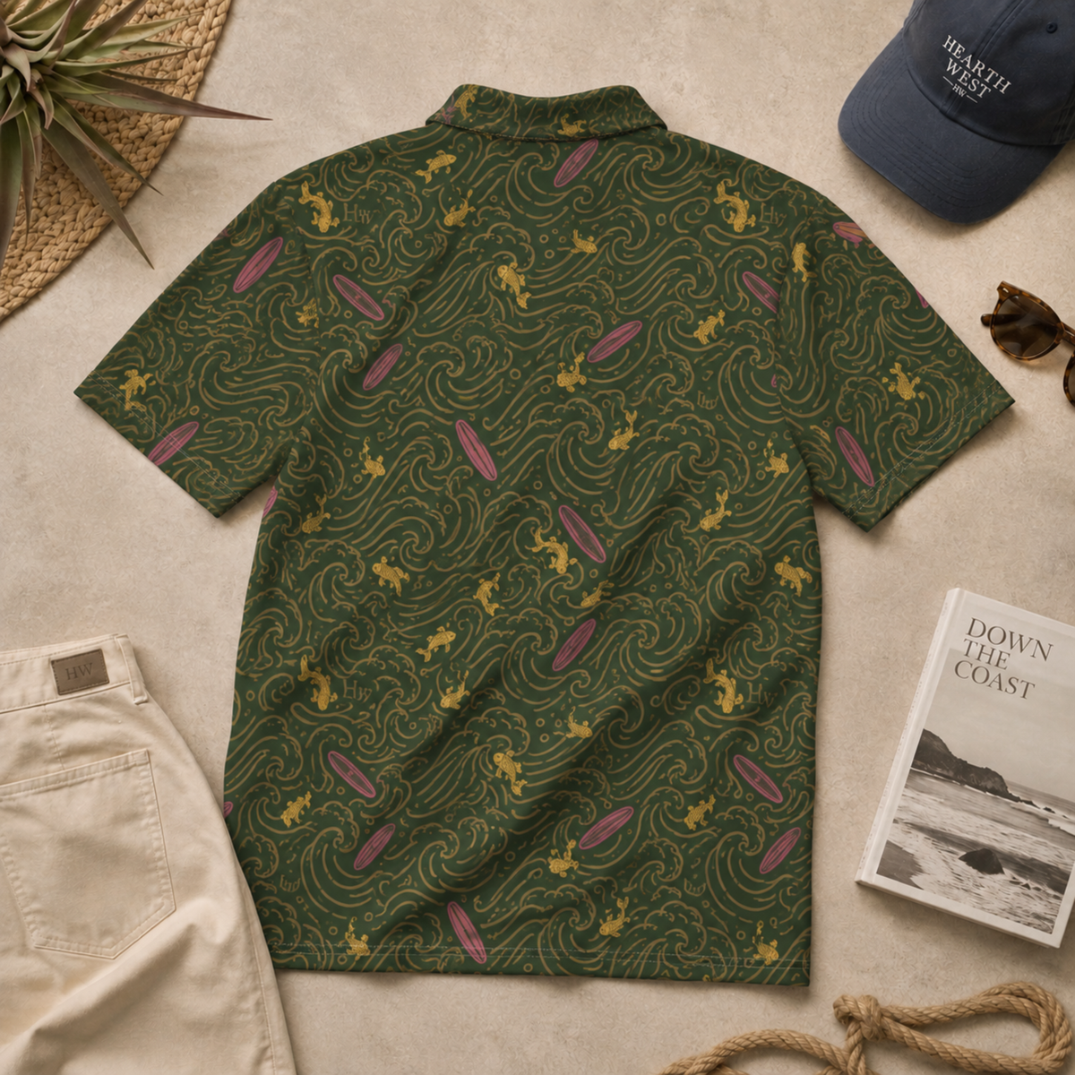 Green Surf Pattern Polo Shirt — Coastal Wave & Surfboard All-Over Print