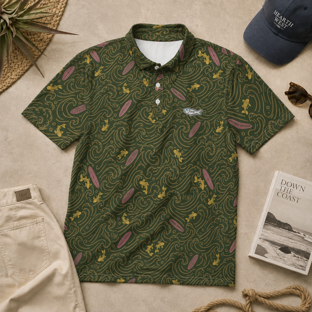 Green Surf Pattern Polo Shirt — Coastal Wave & Surfboard All-Over Print