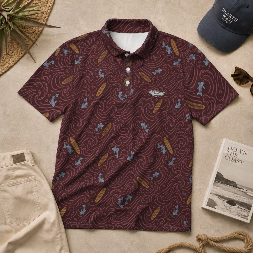 Maroon Surf Pattern Polo Shirt — Coastal Wave & Surfboard All-Over Print