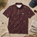 Maroon Surf Pattern Polo Shirt — Coastal Wave & Surfboard All-Over Print