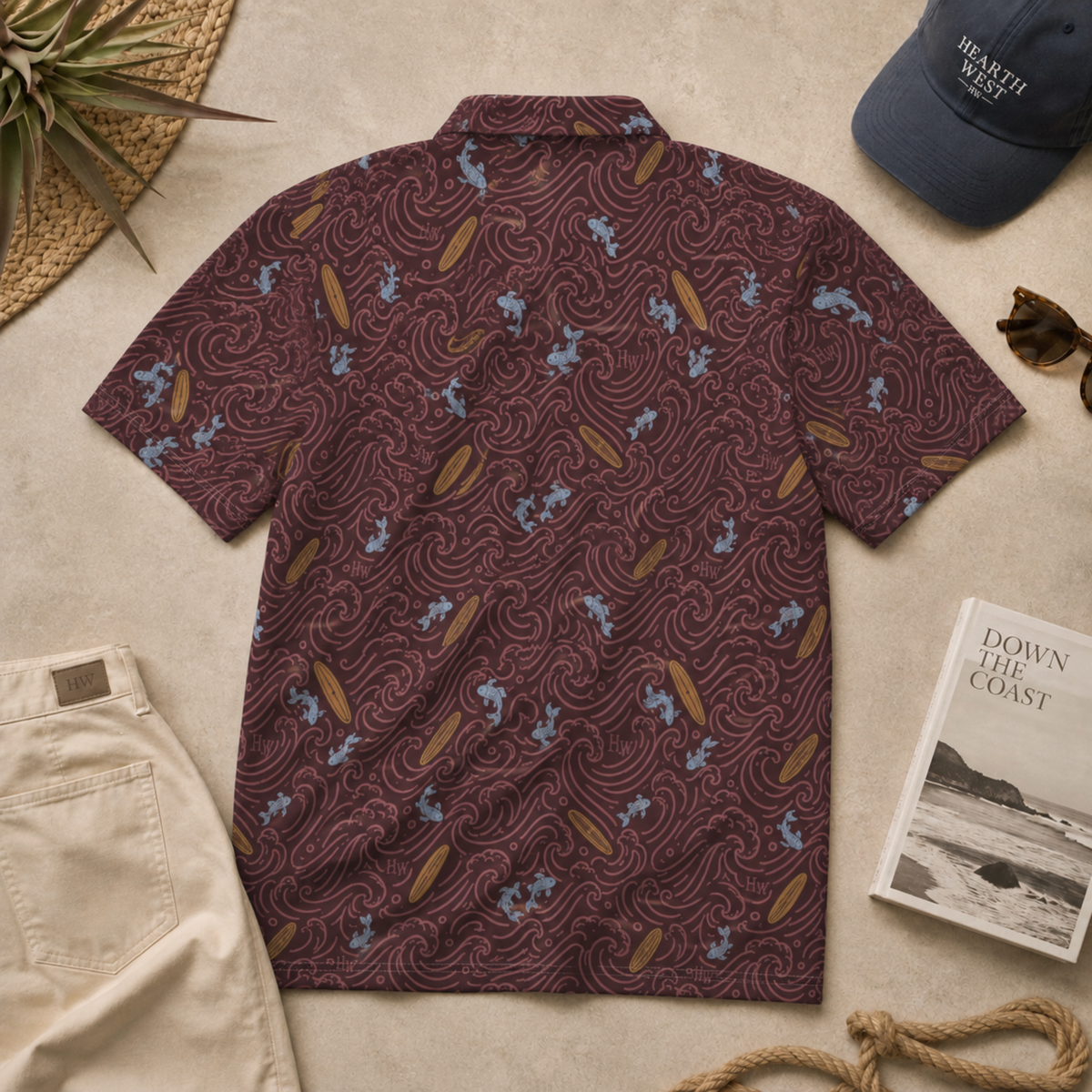 Maroon Surf Pattern Polo Shirt — Coastal Wave & Surfboard All-Over Print