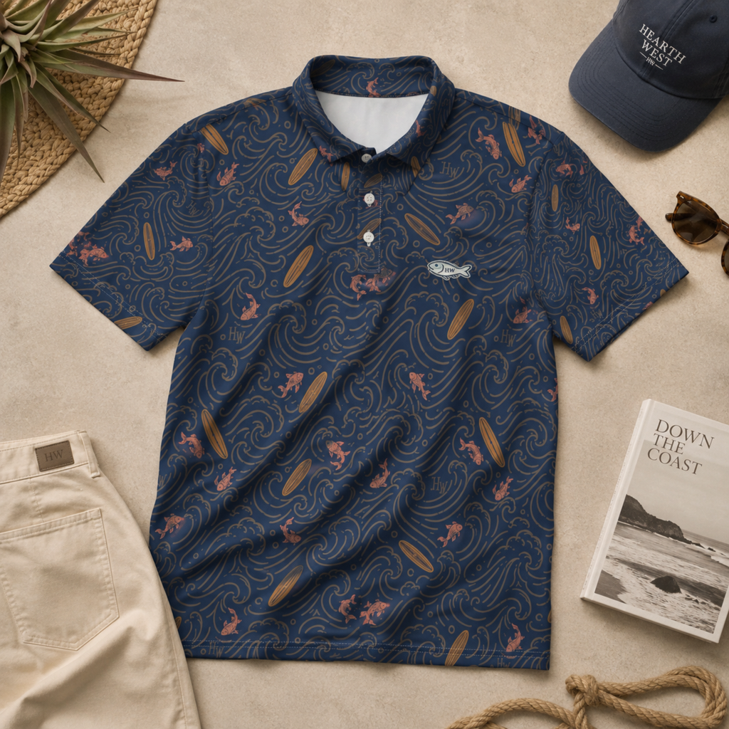 Navy Surf Pattern Polo Shirt — Coastal Wave & Surfboard All-Over Print