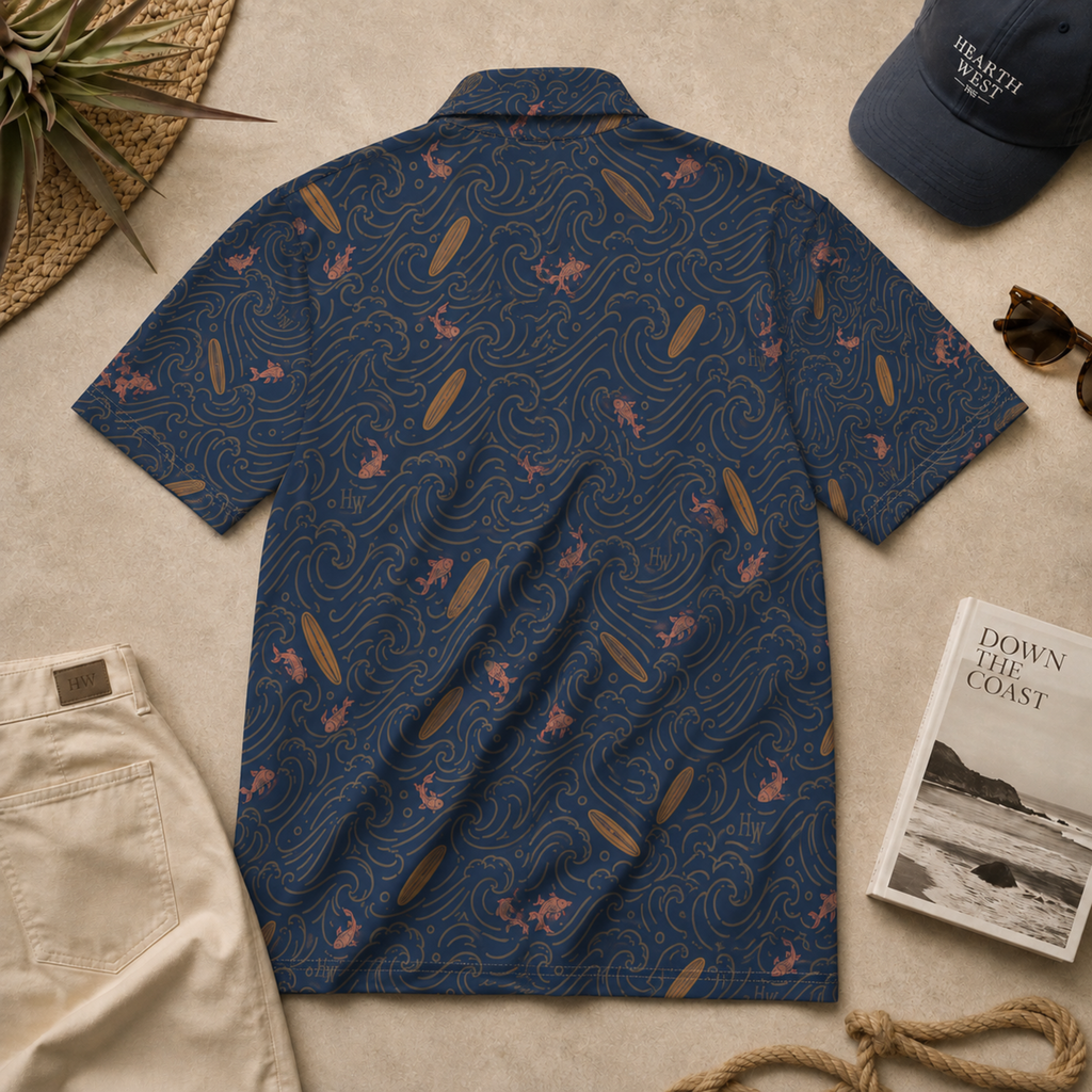 Navy Surf Pattern Polo Shirt — Coastal Wave & Surfboard All-Over Print