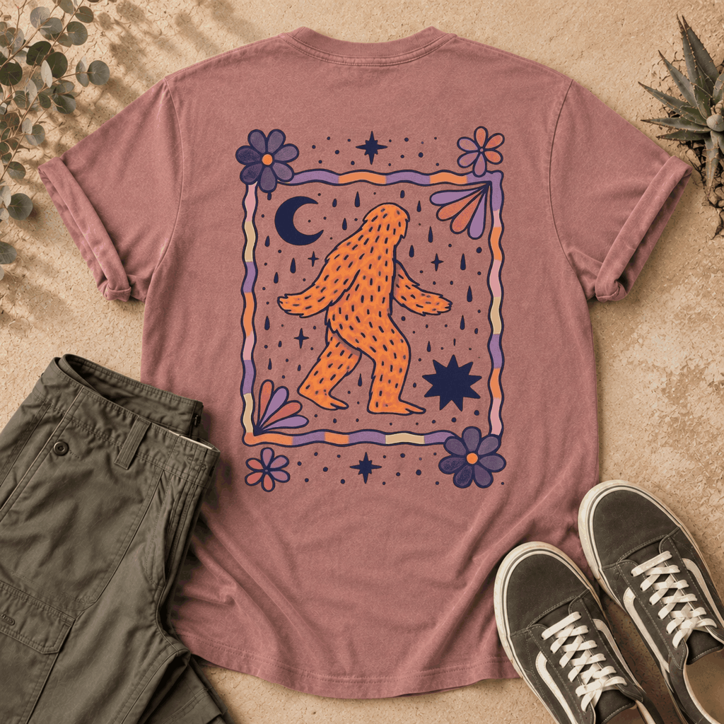 HearthWest Floral Logo T-Shirt — Bigfoot with Moon & Flowers