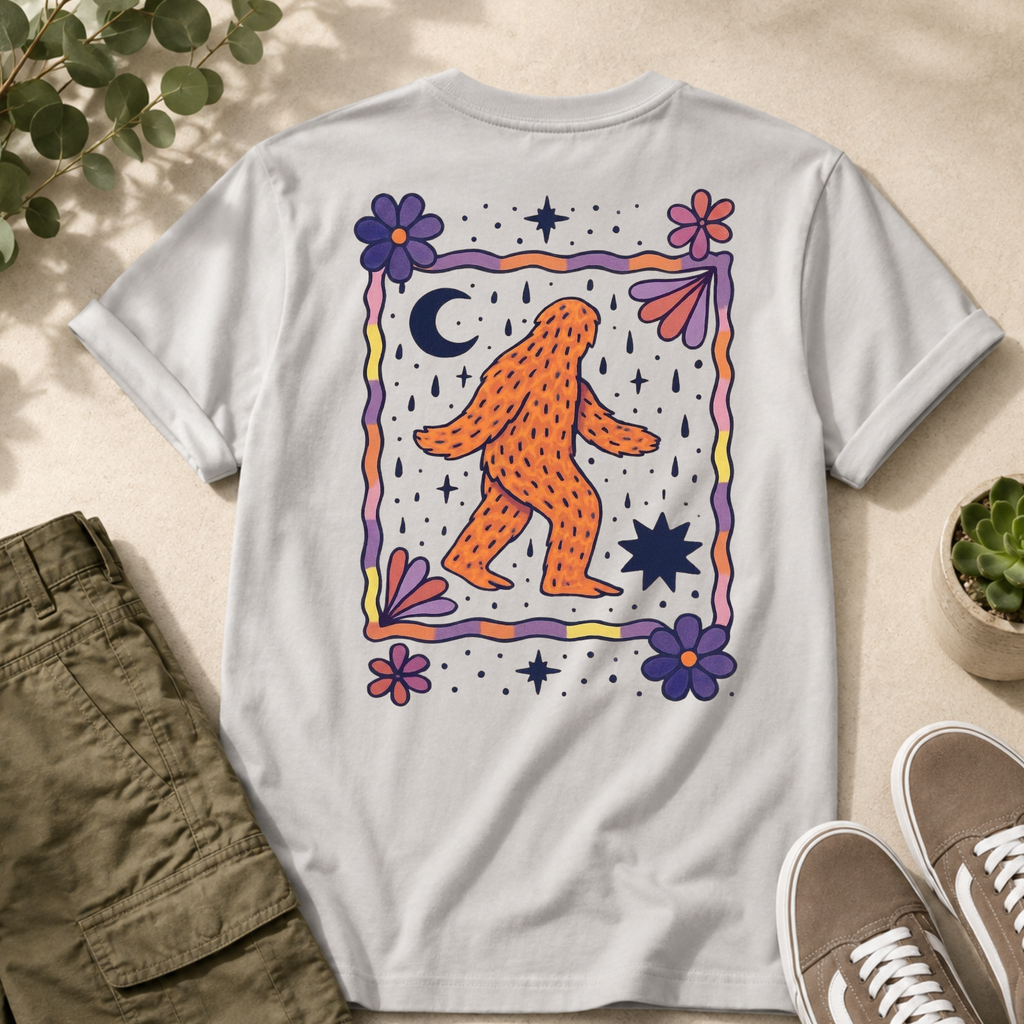 HearthWest Floral Logo T-Shirt — Bigfoot with Moon & Flowers