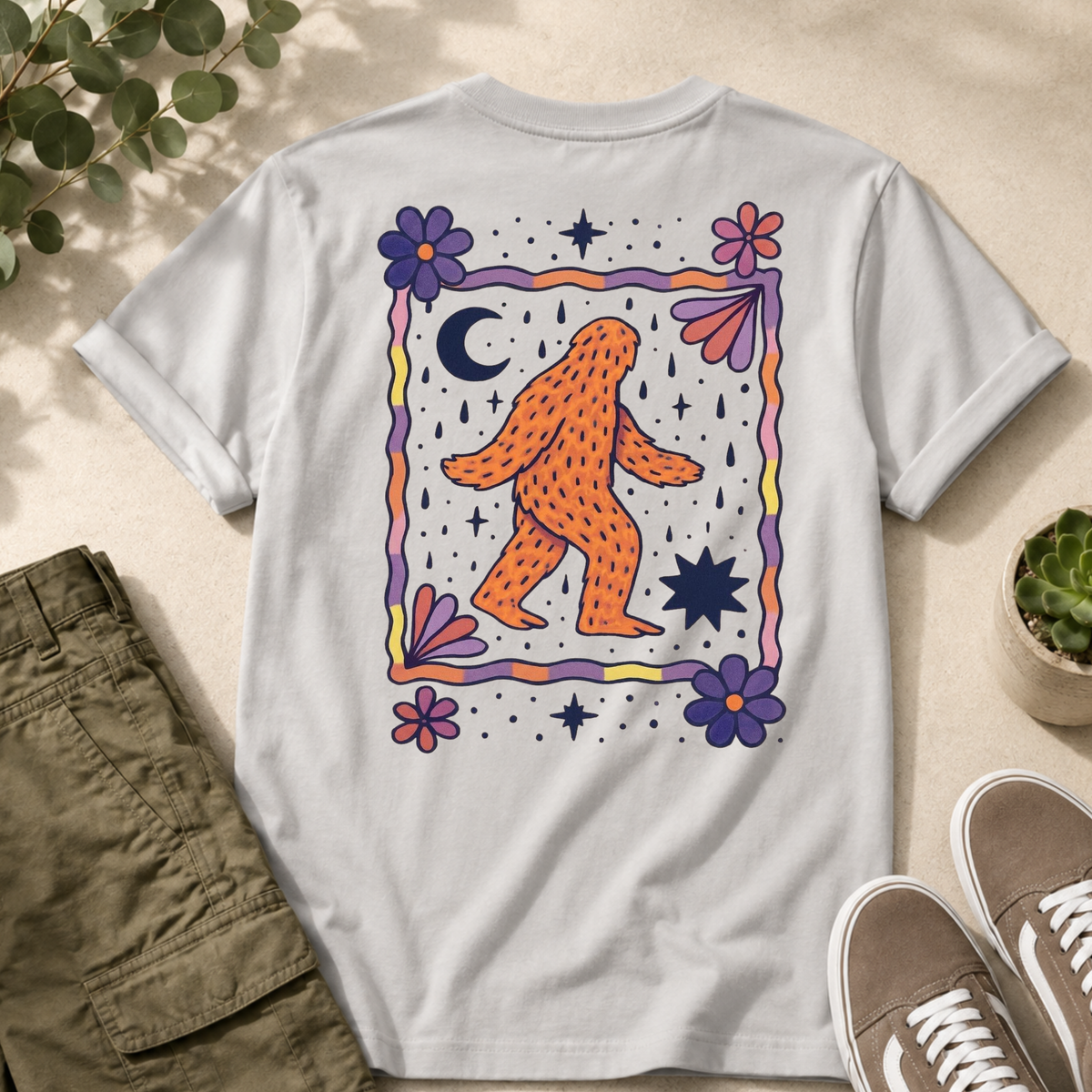 HearthWest Floral Logo T-Shirt — Bigfoot with Moon & Flowers