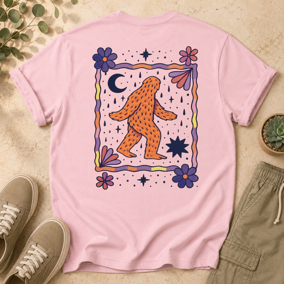 HearthWest Floral Logo T-Shirt — Bigfoot with Moon & Flowers