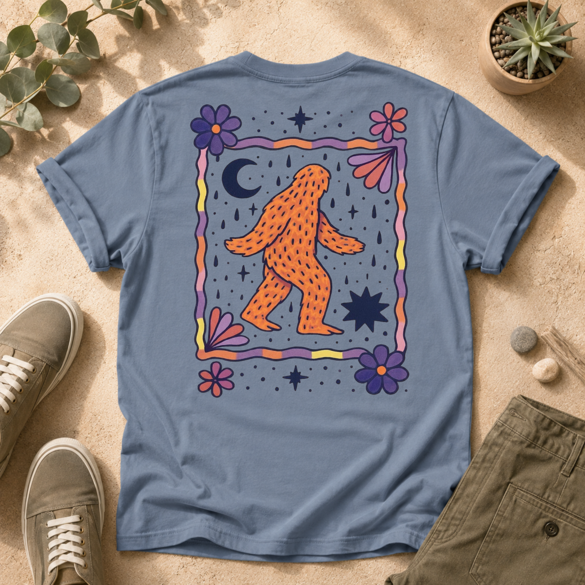 HearthWest Floral Logo T-Shirt — Bigfoot with Moon & Flowers
