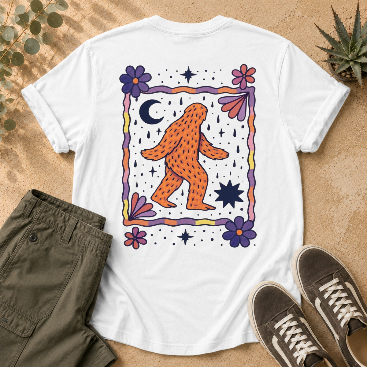 HearthWest Floral Logo T-Shirt — Bigfoot with Moon & Flowers