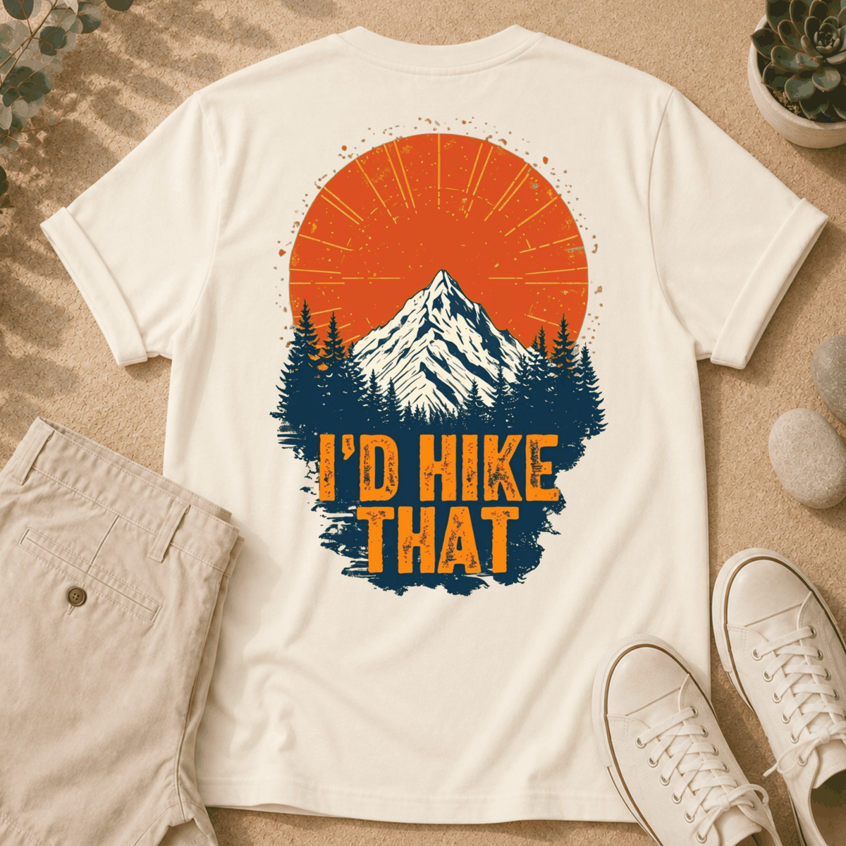 Hiking T-Shirt — "I'd Hike That" Mountain Sunset Graphic Tee