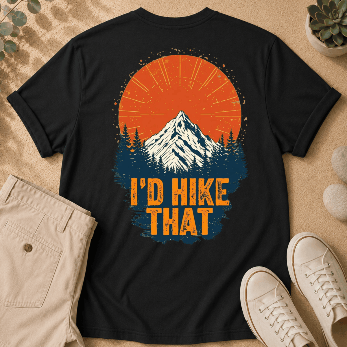 Hiking T-Shirt — "I'd Hike That" Mountain Sunset Graphic Tee