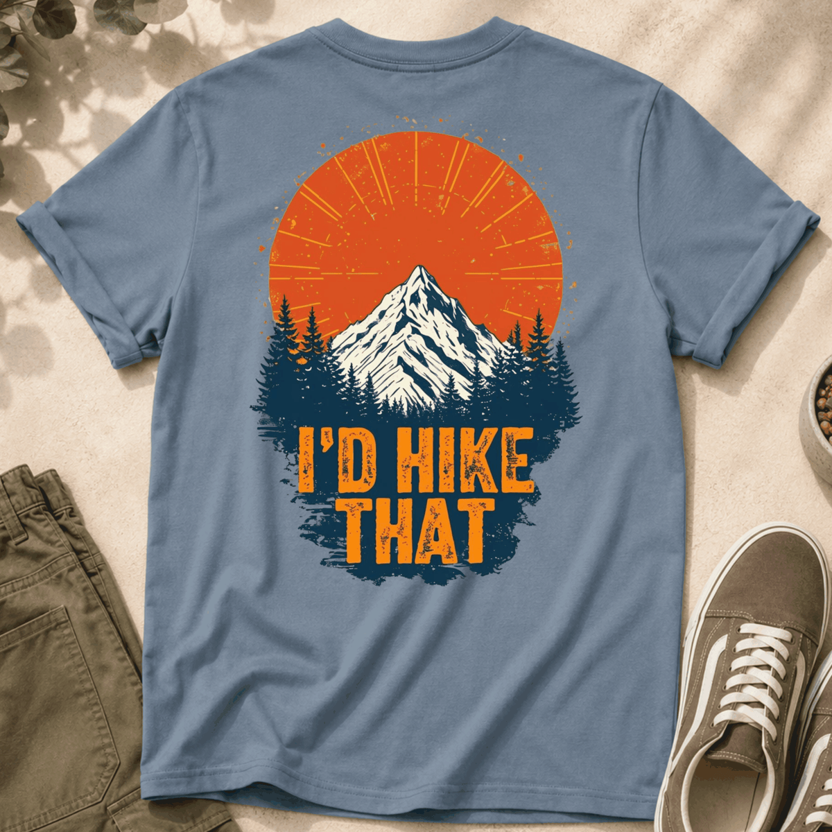 Hiking T-Shirt — "I'd Hike That" Mountain Sunset Graphic Tee