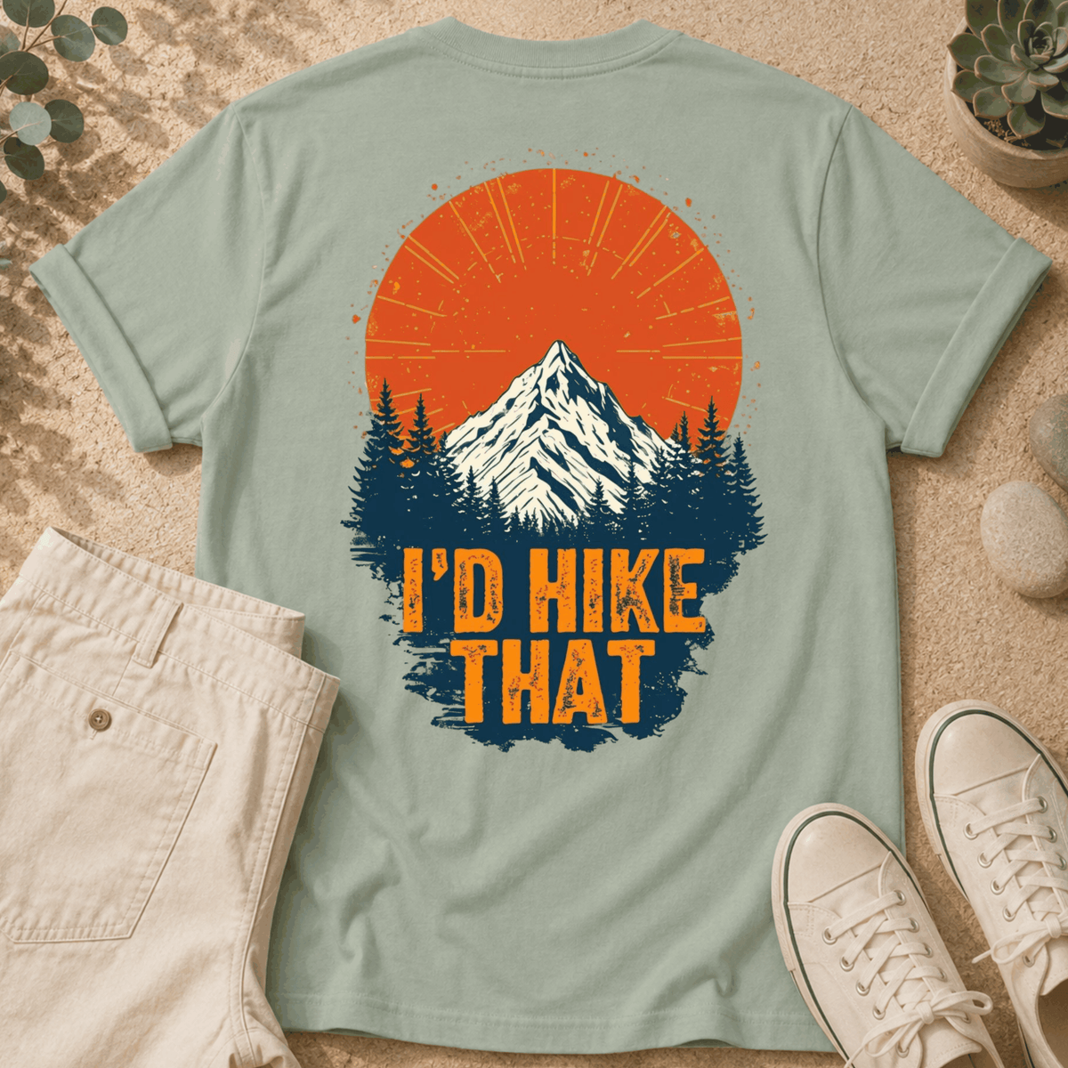Hiking T-Shirt — "I'd Hike That" Mountain Sunset Graphic Tee
