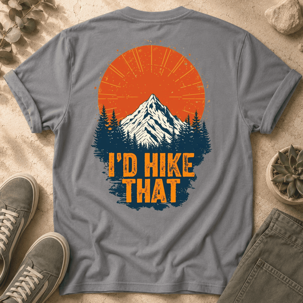 Hiking T-Shirt — "I'd Hike That" Mountain Sunset Graphic Tee
