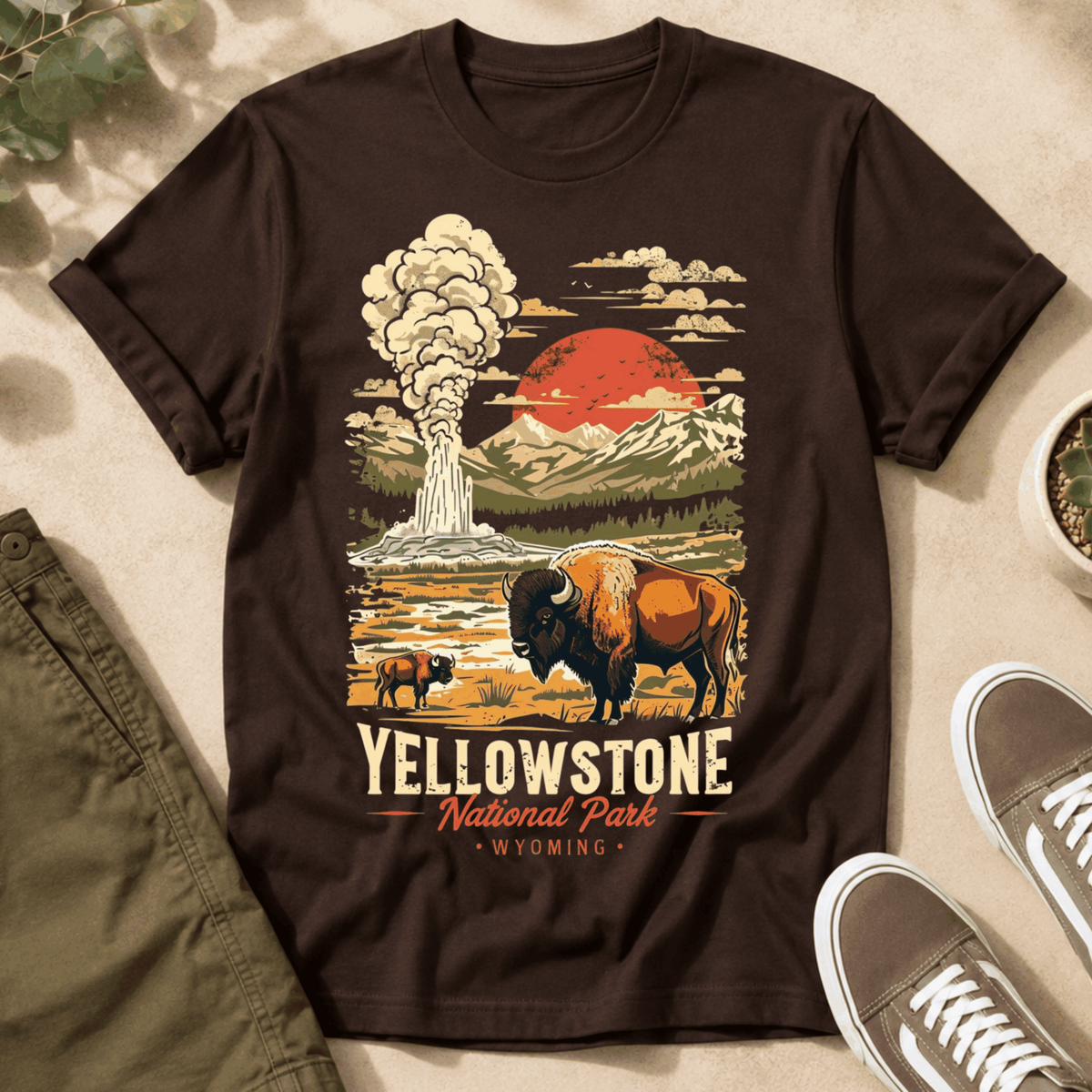 Yellowstone National Park Vintage Tee — Geyser, Buffalo & Sunset Graphic T-Shirt
